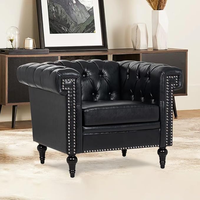 Modern Black Chesterfield Armchair - Faux Leather Upholstery with Tufted Back Club Wingback - Ergonomic Accent Chair for Living Room Office Bedroom Study