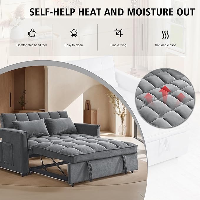 3 In 1 Velvet Convertible Sofa Bed Pull Out Couch Bed with Reclining Backrest And 2 Pillows 54 Full Size Loveseat Sleeper Sofa Futon Couch Beds Couches For Small Spaces Living Room (Medium Grey)