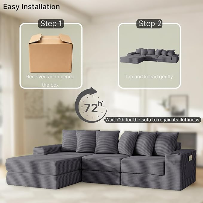 102 Sectional Couches for Living RoomCustomizable Boneless Couch Convertible Modular Sectional Sofa Bed Plush Corduory Sleeper Sofa Folding Futon L Shaped Couch No Assembly(Grey)