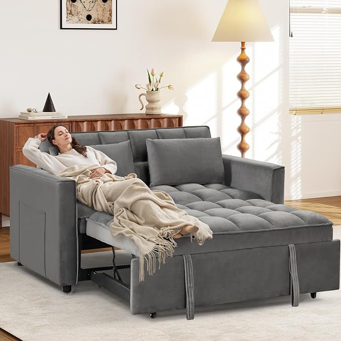 ANJ 3 in 1 Convertible Sofa Bed Pull Out Futon Loveseat Sleeper Sofa Couch with Adjustable Backrest Storage Pockets 2 Pillows for Living Room Bedroom