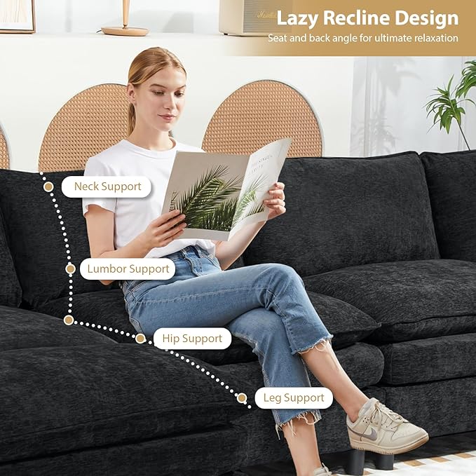 Chenille Modular Sectional Sofa 146.5'' Comfy Cloud Sofa Couch with Remove Ottoman Large L-Shaped Sofa for Living Room Extra Deep Seat Sofa with Pillows DIY Black