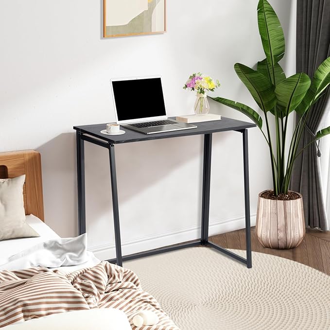 FurnitureR Folding Home Office Desk 31.5 Inches Foldable Table Space Saving Computer Study Desk Compact Writing Workstation for Small Space Black
