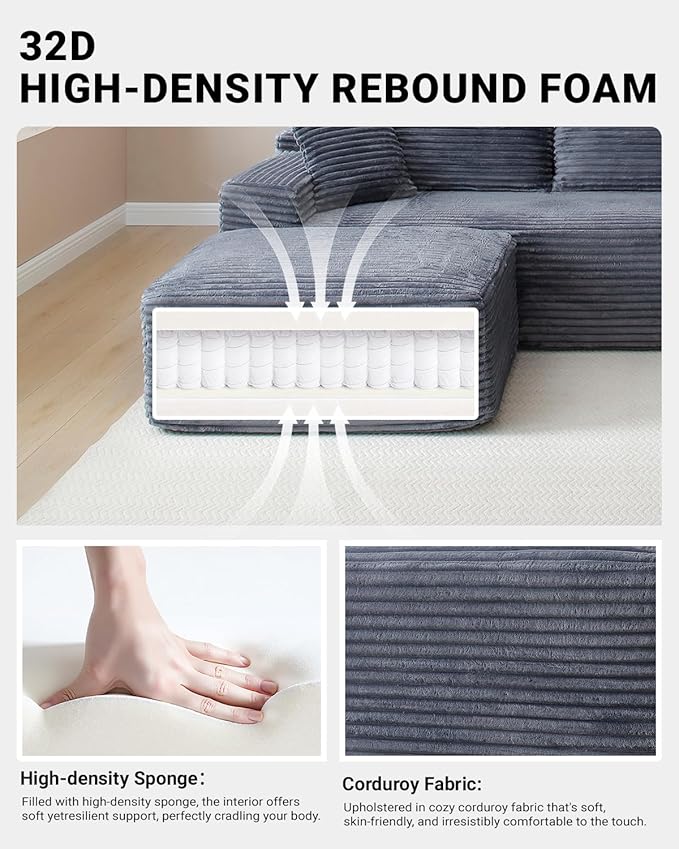 132 Modular Sectional Sleeper Sofa Boneless Cloud Couch for Living Room U Shaped 5 Seat Sofa with 2 Cup Holders Free Combination No Assembly Required (Grey)