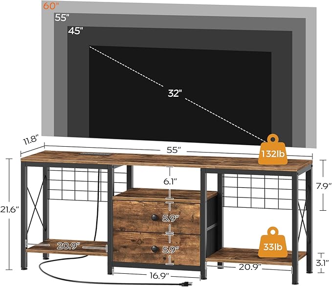 TV Stand with Power Outlet Up to 60 Inch Entertainment Center with 2 Fabric Drawers TV Console Table with Open Storage Shelves for TVs Cable Management for Living Room Bedroom DS14UBRY1