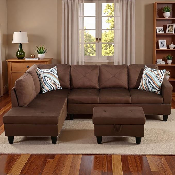 3-Piece L-Shaped Modular Leather Sofa – Convertible Sectional Couch with Movable Chaise &amp Storage Ottoman Multi-Scene Use for Living Room Apartment &amp Office Brown