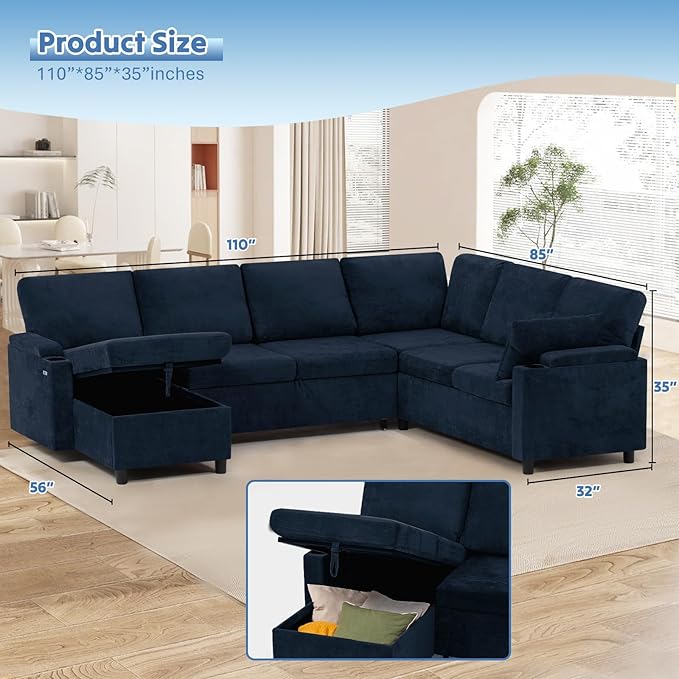 110” Chenille Reversible Sectional Sofa w/Pull Out Bed &amp Storage Chaise U Shaped Couch w/Storage Armrests &amp Cup HoldersCorner Sofa w/USB Charging Port &amp Throw Pillow for Living Room Blu