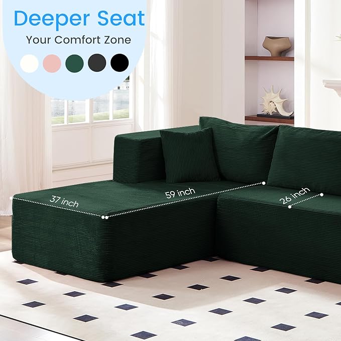 PUREMIND 106 Cloud Sectional Couch for Living Room Corduroy L Shape Sofa with Deep Seat Modern Green Couches Modular Boneless Foam Couch Corner Couches No Assembly Required