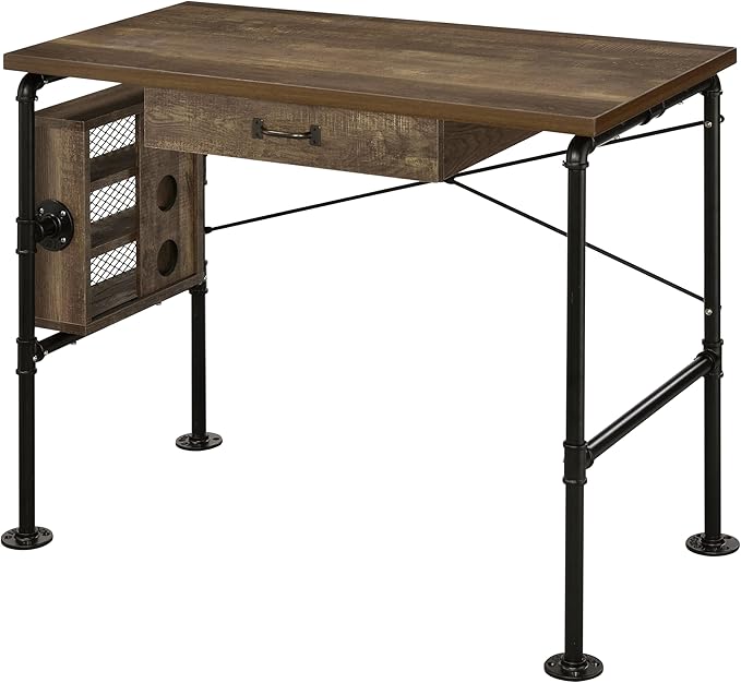Weathered Oak &amp Black Writing Desk with 1 Drawer &amp Shelves: Ideal for Home Office Study Room