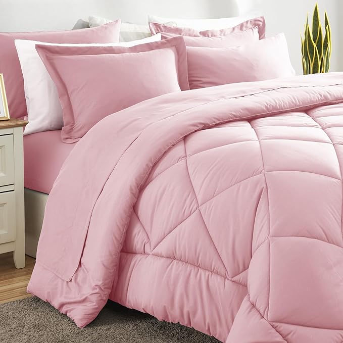CozyLux King Size Comforter Sets Pink - 7 Pieces Bed in a Bag King Luxury Soft Bed Set for All Seasons Bedding Set with Down Alternative Comforter Sheets Pillowcases &amp Shams