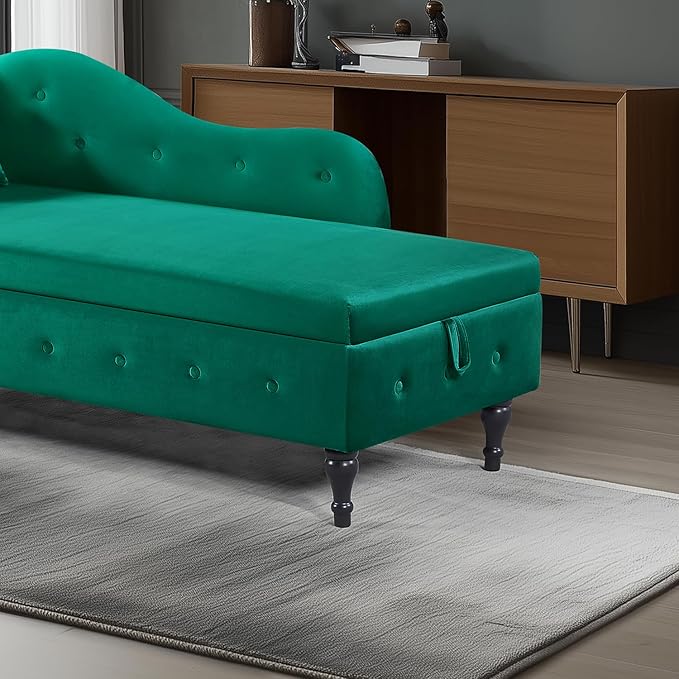 60 Modern Velvet Chaise Lounge IndoorUpholstered Lounge Chair with Left Armrest and Lumbar Pillow Button Tufted Lounge Sofa for Living Room Bedroom OfficeMini Chaise Longue Sofa (Green Storage)