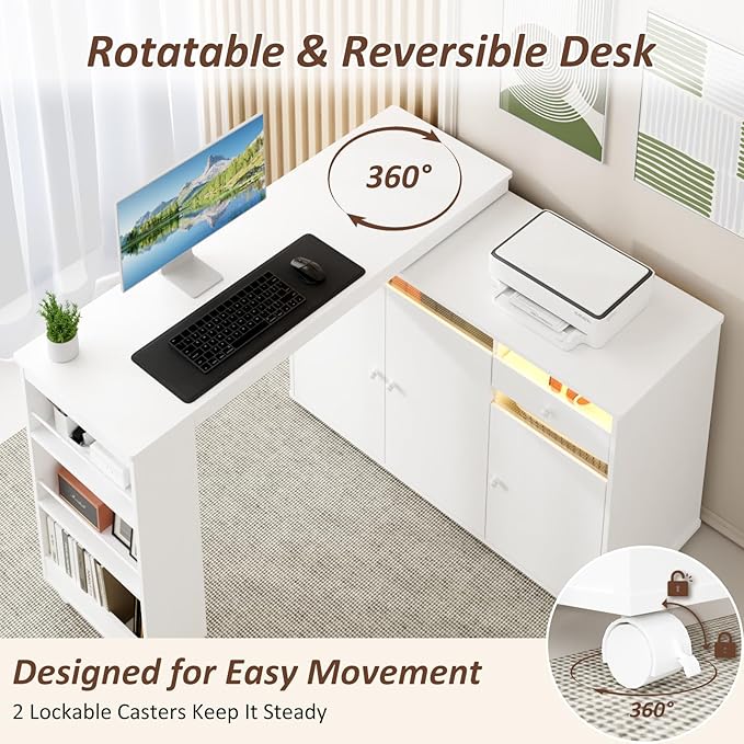 53 L-Shaped Computer Desk Rotating Home Office Desk with Storage Cabinet &amp Drawer Modern Study Writing Table with LED Light Reversible Corner Desk Small Space &amp Bedroom Workstation White