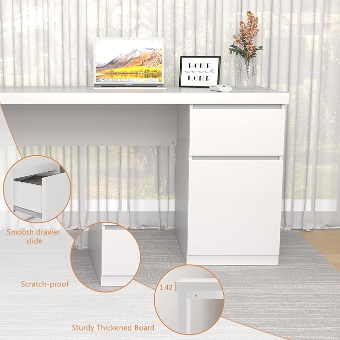 White Desk with Drawers 55 Inch Small Computer Desk with Storage Cute Home Office Desk for Study Vanity Gaming Modern Computer Desk for Bedroom and Office White