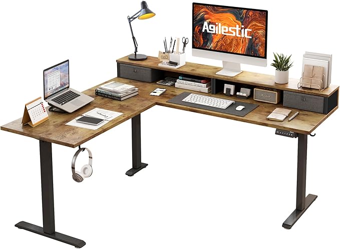Agilestic L Shaped Electric Standing Desk with 2 Drawers 63 Inch Ergonomic Adjustable Height Desk with Storage Corner Desk Sit Stand up Computer Table for Work Office Home Rustic Brown