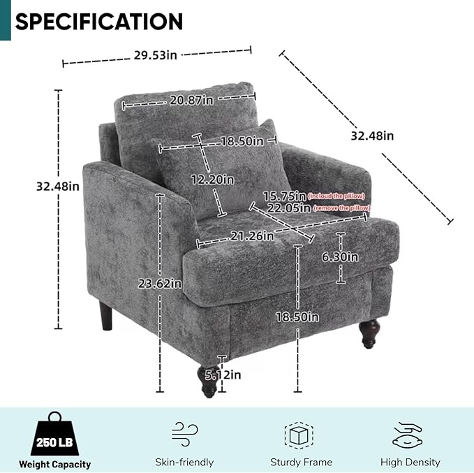 JOYBASE Accent Chair Single Sofa Chair Mid-Century Modern Upholstered Armchair Reading Club Chair for Living Room Office Bedroom (Grey Chenille)