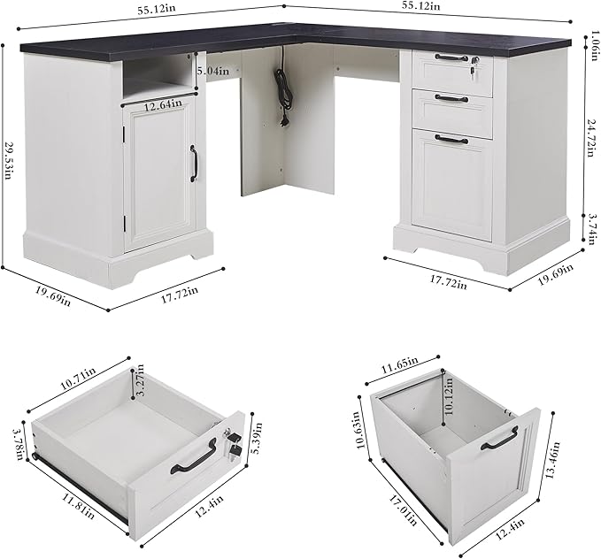 55” Farmhouse L Shaped Desk with Charging StationExecutive L Shaped Desk with Lockable Drawers and Storage Cabinet &amp Adjustable File CabinetWhite Corner Desk for Home Office