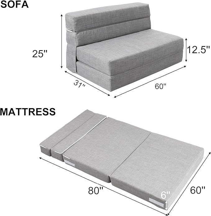 ANONER 60 Folding Sleeper Chair Sofa Bed Lazy Couch with 2 Pillows Queen Size Memory Foam Washable Cover Light Gray