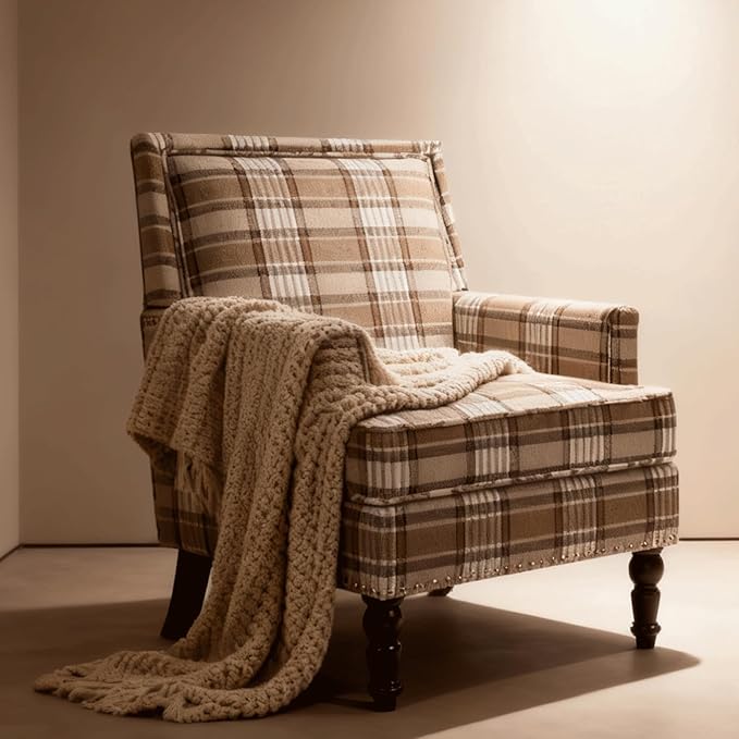 Mid Century Modern Accent Chair Upholstered Comfortable Living Room ChairArmchair Stylish Accent Furniture for Bedroom Office Neutral Home Decor Chair (Striped Brown)