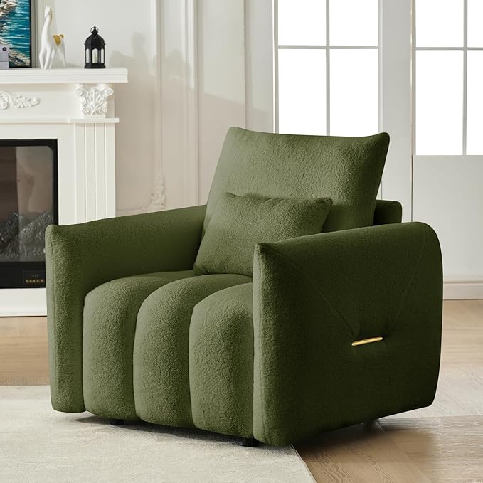 Green Oversized Armchair Teddy Cloud Sofa Couch Comfy Upholstered Sherpa Couch with Pillow Modern Deep Seat Single Accent Chair for Living Room Bedroom Office Apartment (Green)