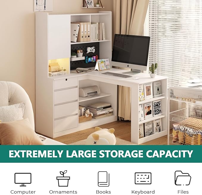 Anwick L Shaped Desk with Hutch Corner Computer Desk with Charging Station &amp Bookshelf &amp File Drawer Standing L Shape Desks for Home Office Bedroom Gaming Room Study Room (White-1)