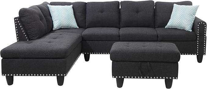 Yehha L-Shaped Sectional Sofa Rivet Hemming Upholstered Modular Couch with Reversible Cup Holder &amp Storage Ottoman Comfy Couches for Living Room Apartment Dark Grey