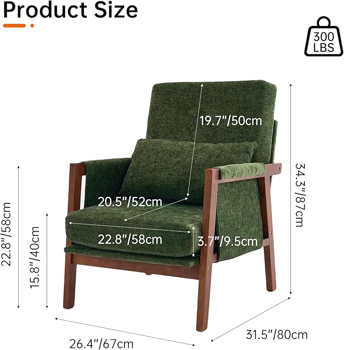 Accent Chair Mid-Century Modern Chair with Lumbar Support Pillow Upholstered Living Room Chairs with Wooden Chenille Armchair with Cushion Comfy Side Chair for Bedroom Balcony Green