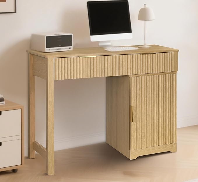 ZYBT 40 Fluted Executive Desk Modern Wood Home Office Desk with Fluted Drawer &amp Removable Storage Cabinet and Printer Stand Farmhouse Computer Writing Table for Work Study Natural Oak