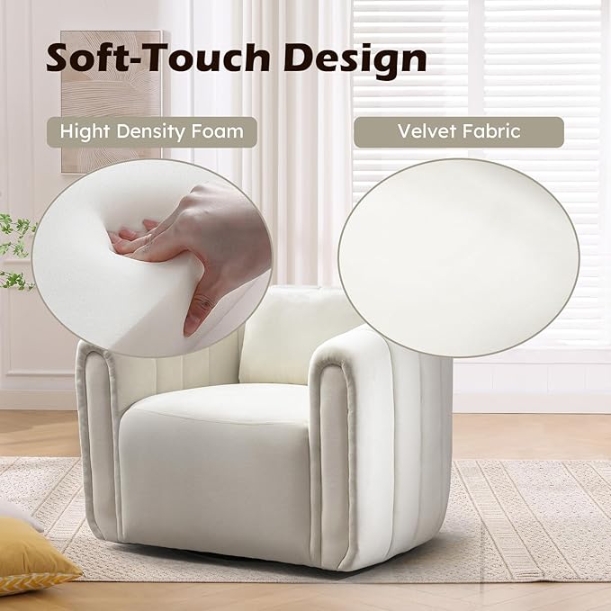 Bonzy Home Swivel Barrel Chair Modern Velvet Swivel Accent Chair with Channel Tufting Soft Upholstered Armchair for Living Room Bedroom Office (White 1 Pack)