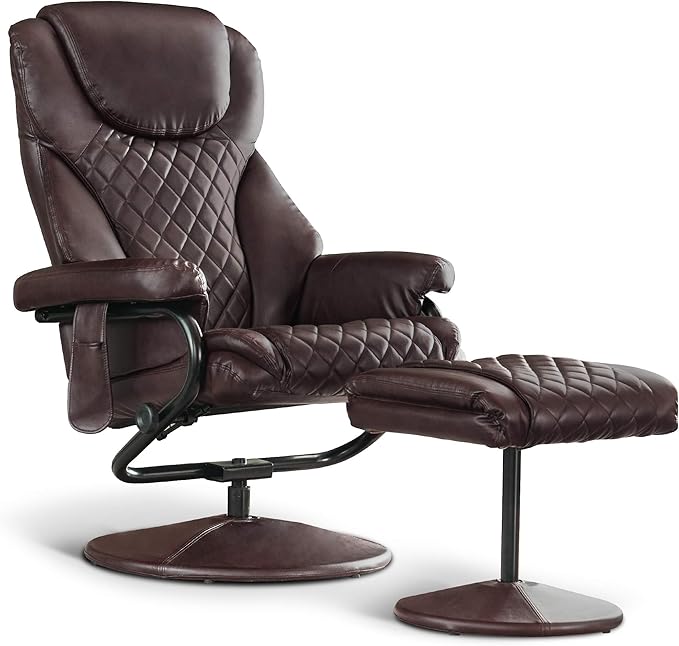 MCombo Recliner with Ottoman Reclining Chair with Massage 360 Swivel Living Room Chair Faux Leather 4901 (Dark Brown)