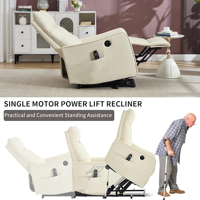 Small Power Lift Chair Recliner for Elderly Petite Power Recliner Chair with Massage and Heat | USB | High Back | Push Button | Side Pockets Liviing Room Easy Assembly (PU Leather Beige)