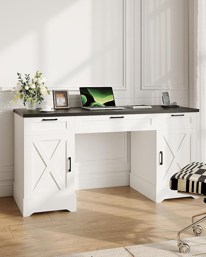 HOPUBUY Farmhouse Executive Desk with File DrawersWood Home Office Desk w/Charging StationAdjustable Storage CabinetsWhite Computer Writing Desk for WorkStudy