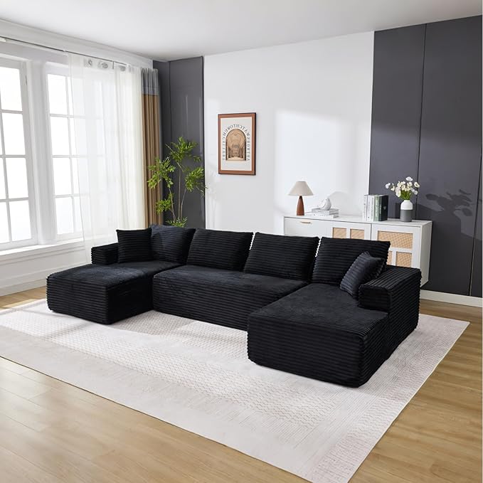 Boneless Couch U Shaped Sectional 130'' Modern Modular Cloud Couch with 2 Chaise Lounge 4-Seat Corduroy Deep Seat Sofa with Pillows for Living Room