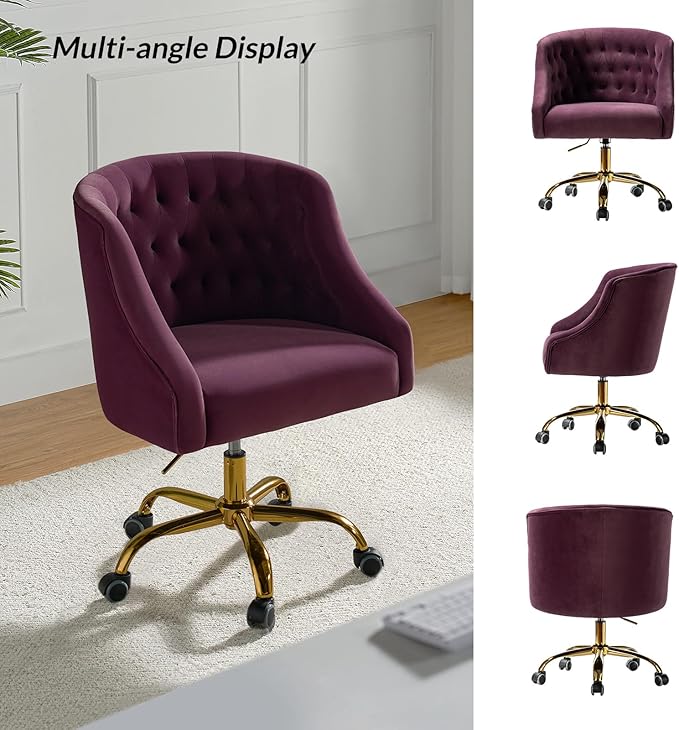 Velvet Home Office Chair with Gold Base Comfy Modern Cute Desk Chair Adjustable Swivel Task Chair for Study Living Room Bedroom Vanity Purple