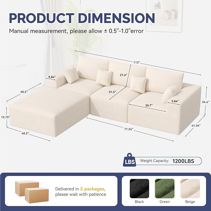 113 L-Shaped Boneless Couch Modern Modular Sectional Sofa with Deep Seat Convertible Chenille Cloud Couches for Living RoomBeige1 PCS