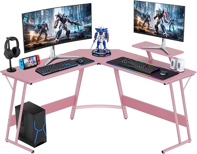 FDW L Shaped 51 Inch Gaming DeskCorner Computer DeskPC Gaming DeskWriting Workstation with Large Monitor Stand for Home OfficeSoft Pink