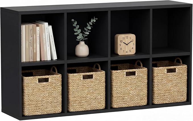 YESHOMY Modern TV Stand for Televisions up to 55 Inch Mid Century Entertainment Center with 8 Open Shelves for 32/43/50/55 Inchs TVs Media Console with Adjustable Shelves for Living Room Black