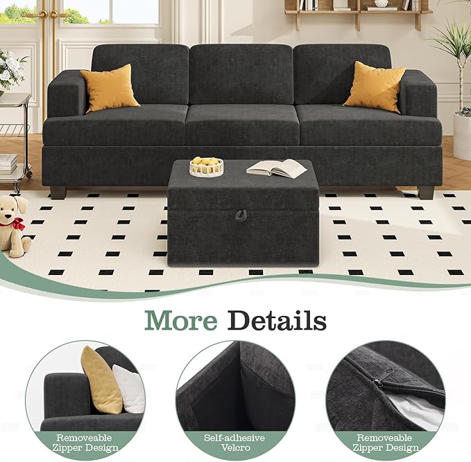 Apicizon 89 Black Couch for Living Room Comfy Couch Clound Sofa 3 Seater Sofa Modern Couches with Removerable Cover for Bedroom Chenille