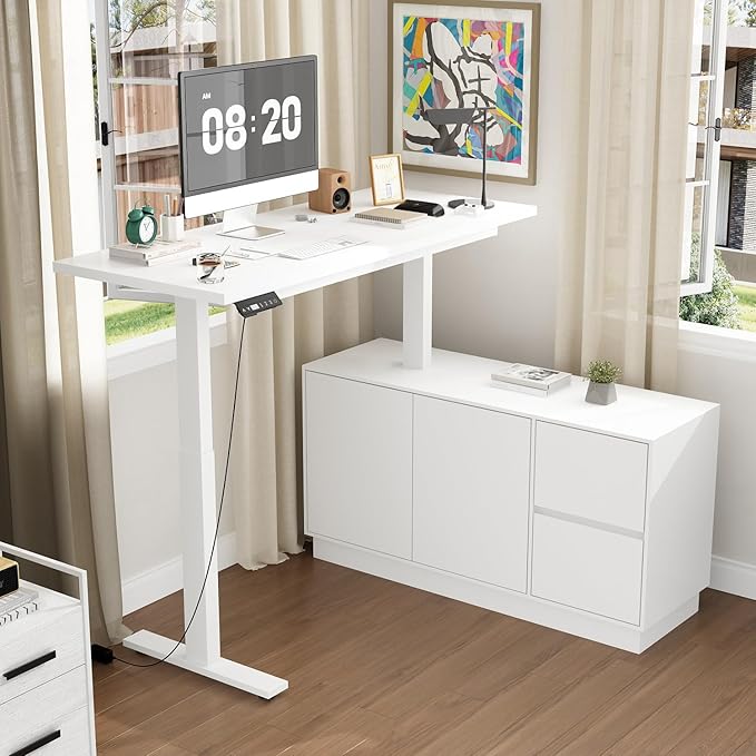 54.3 L Shaped Electric Standing Desk with File Cabinet Height Adjustable Stand up Desk with Drawers Home Office Computer Gaming Table White