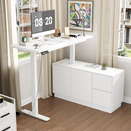 54.3 L Shaped Electric Standing Desk with File Cabinet Height Adjustable Stand up Desk with Drawers Home Office Computer Gaming Table White