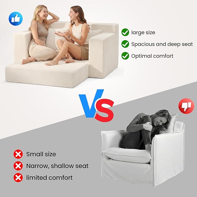 Convertible Sofa Bed 5 In 1 Small Boneless Couch Pull Out Loveseat Sleeper SofaCorduroy Futon Couch Folding Mattress with 4 Pillows for Living Room Bedroom Lounge (No Assembly) (Beige 58Inch)