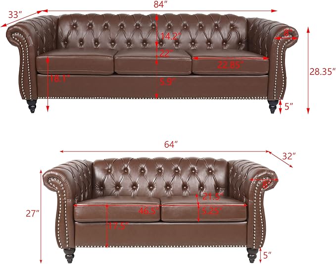 RARZOE Modern 2 Pieces Living Room Sofa Set Tufted Button Faux Leather Chesterfield Three-Seater Couch and Chesterfield Loveseat with Nailhead Trim Scroll Arms for Home Furniture Dark Brown