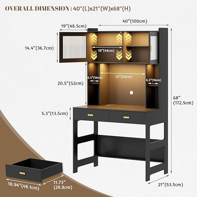 Vlsrka Home Office Desk with Hutch and Drawers 40 Computer Desk with Storage Shelves and LED Lights Modern Wooden Writing Study Table with Charging Station for Bedroom Black