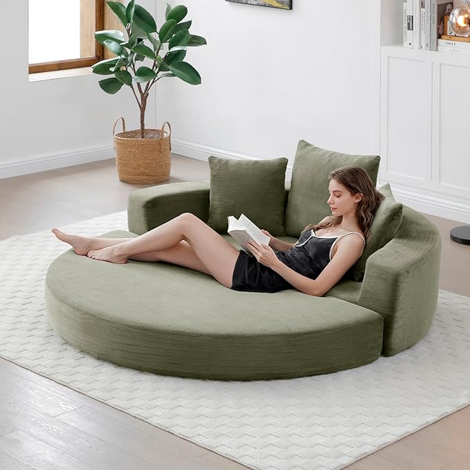 Folding Sofa Bed Corduroy Circular Boneless Couch No Assembly Convertible Sleeper Sofa with 3 Pillow Comfy Futon Sofa Bed for Apartment Office Bedroom Living Room Green