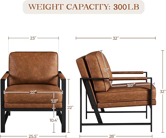 Yaheetech PU Leather Armchairs Retro Leisure Accent Chair with Extra Soft Padded and Cushion 105 Degree Slant Back Modern Reading Arm Chair for Living Room/Office/Bedroom/Study 2pcs Light Brown