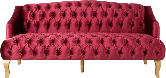 Christopher Knight Home Minxi Velvet Sofa Couch Home Sofa Living Room with Birch Wood Legs Comfort Modern 3 Seater Couch with Button Tufted Diamond Stitch Luxury Chaise Lounge Chair Wine Red