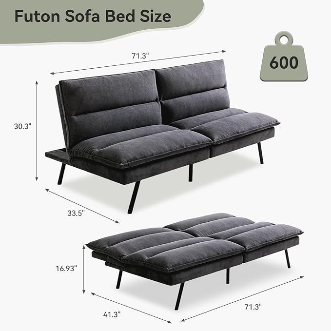 Memory Foam Futon Sofa BedLinen Fabric Futon CouchConvertible Armless FutonsSmall Splitback Loveseat Sleeper Sofa Bed for Living RoomOfficeApartmentPure Black