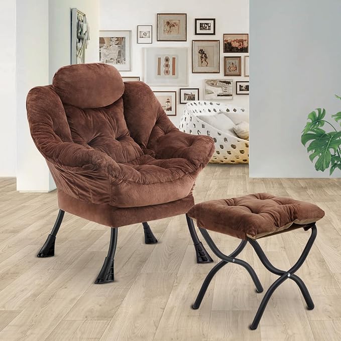 Lazy Chair with Folding OttomanLeisure Sofa ChairSoft Fabric Armchair with Armrests and Side Pockets Reading Chair with Footrest for Living Room Bedroom Office (Plush Dark Brown)