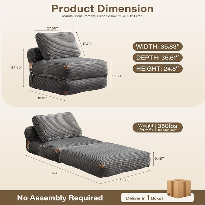 75'' Foldable Sofa BedConvertible Folding Sleeper Chair BedGrey Foldable Single Sofa Foam Filling Couch with Pillow Comfy Corduroy Lazy Floor Sofa for Small Room Bedroom Apartment