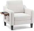 Accent Chair for Living Room Modern Linen Upholstered Armchair Side Wooden Fabric Sofa Chair with Foldable Table 2 Side Pockets Comfy Reading Chair for Bedroom