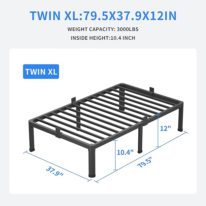 MAF 12 Inch Twin XL Metal Platform Bed Frames with Round Corner Legs Mattress Slide Stopper 3000 LBS Heavy Duty Steel Slats Support No Box Spring Needed Noise Free