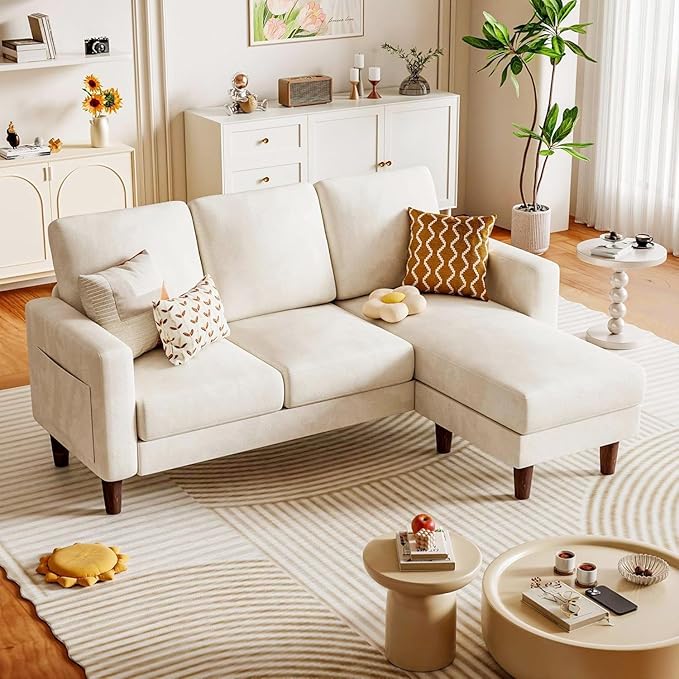 Homall Convertible Sectional Sofa 3 Seat L Shaped Couch with Side Storage Pocket Sofas with Movable Ottoman Small Linen Couches for Living Room &amp Apartment (Linen Fabric White)
